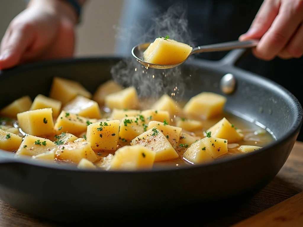 Potatoes and broth simmering for potato soup