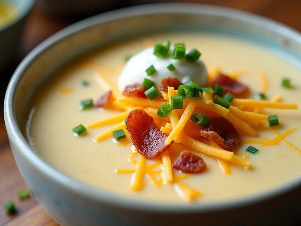 Potato soup with cheddar chives bacon and Greek yogurt toppings