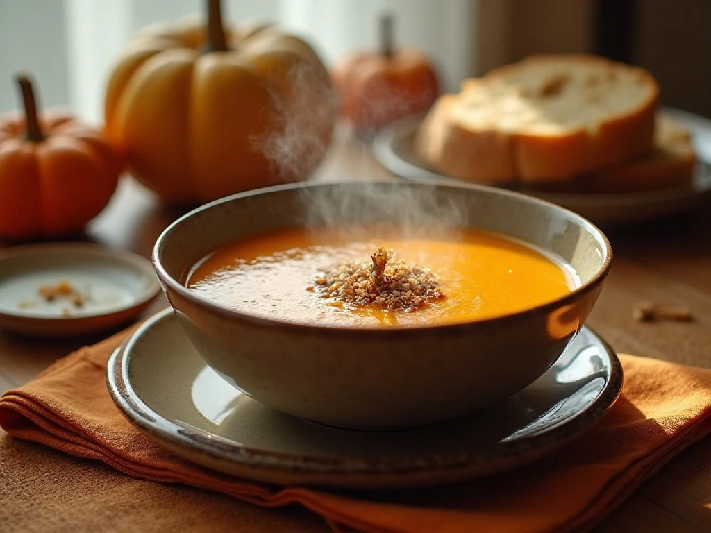 Healthy pumpkin soup served as a cozy autumn dinner