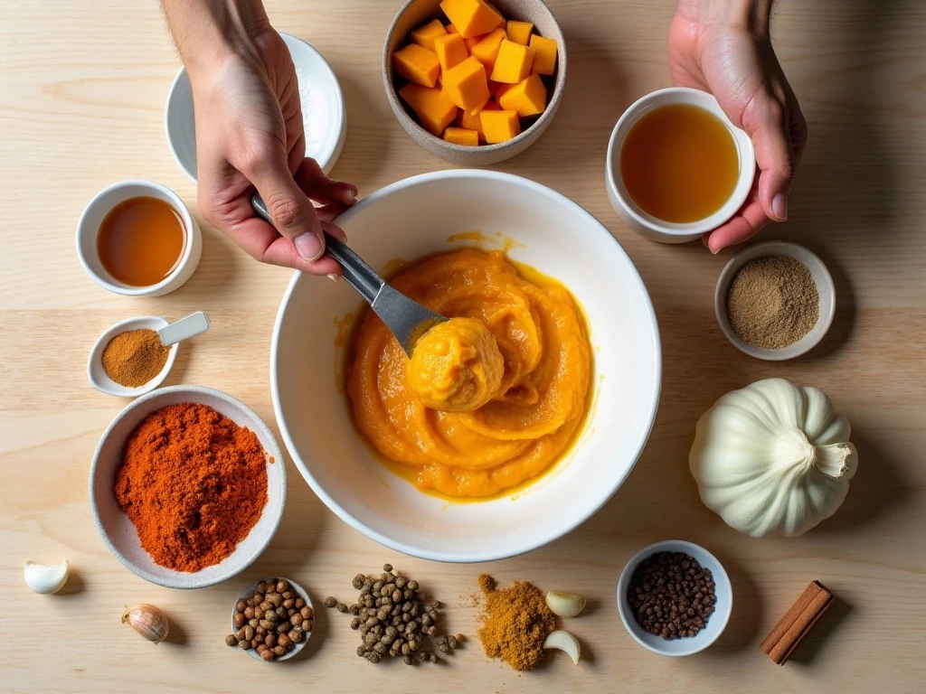 Ingredients for healthy pumpkin soup arranged for cooking