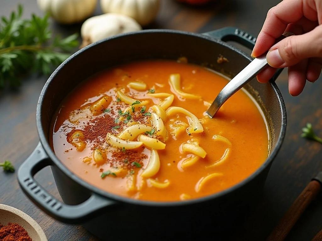 Pumpkin soup simmering with onions, spices, pumpkin, and broth