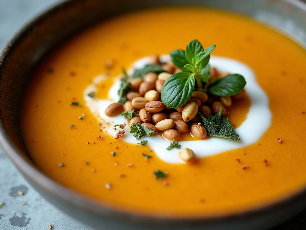 Pumpkin soup topped with pepitas, herbs, yogurt, and coconut milk