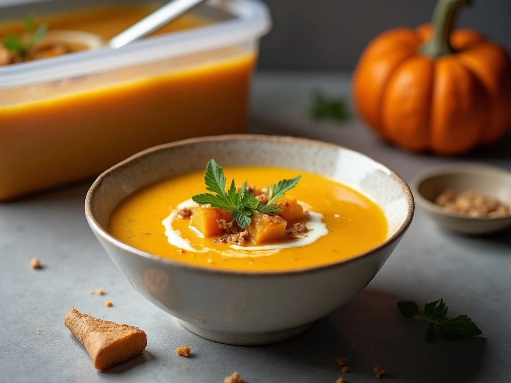 Stored and reheated healthy pumpkin soup ready to serve