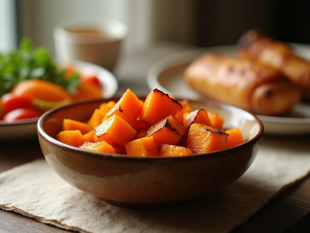 Golden roasted sweet potatoes served as a healthy dinner side