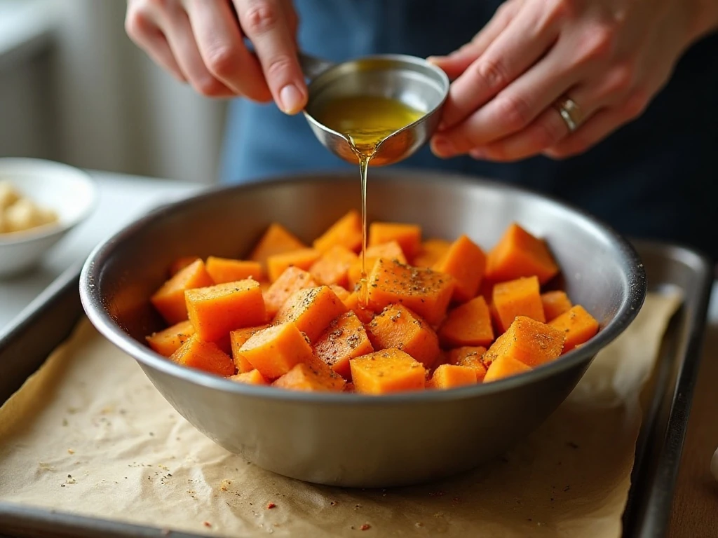 Sweet potato cubes being seasoned before roasting