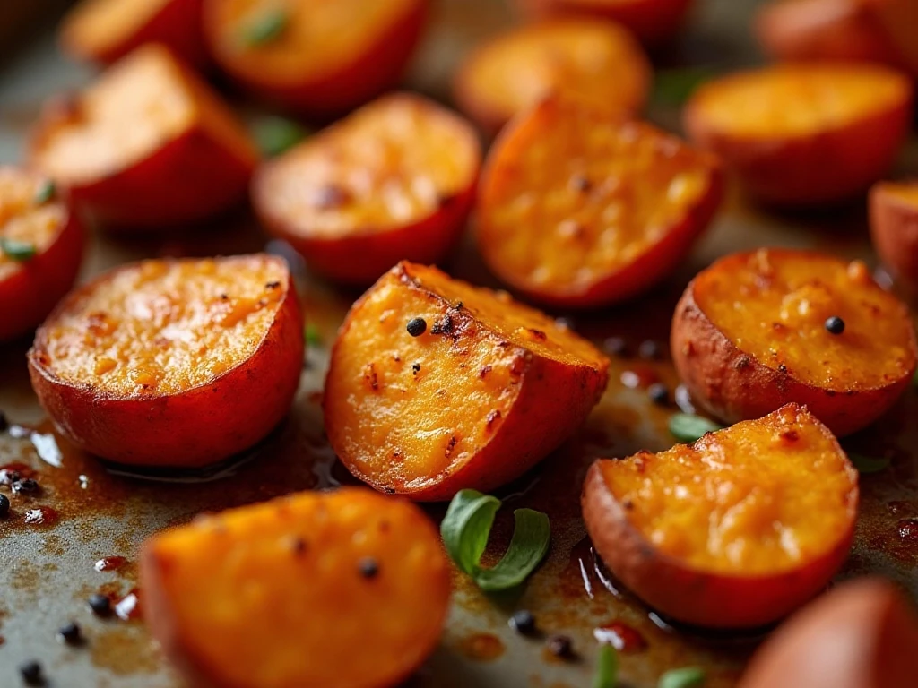 Close-up of crisp caramelized roasted sweet potato edges