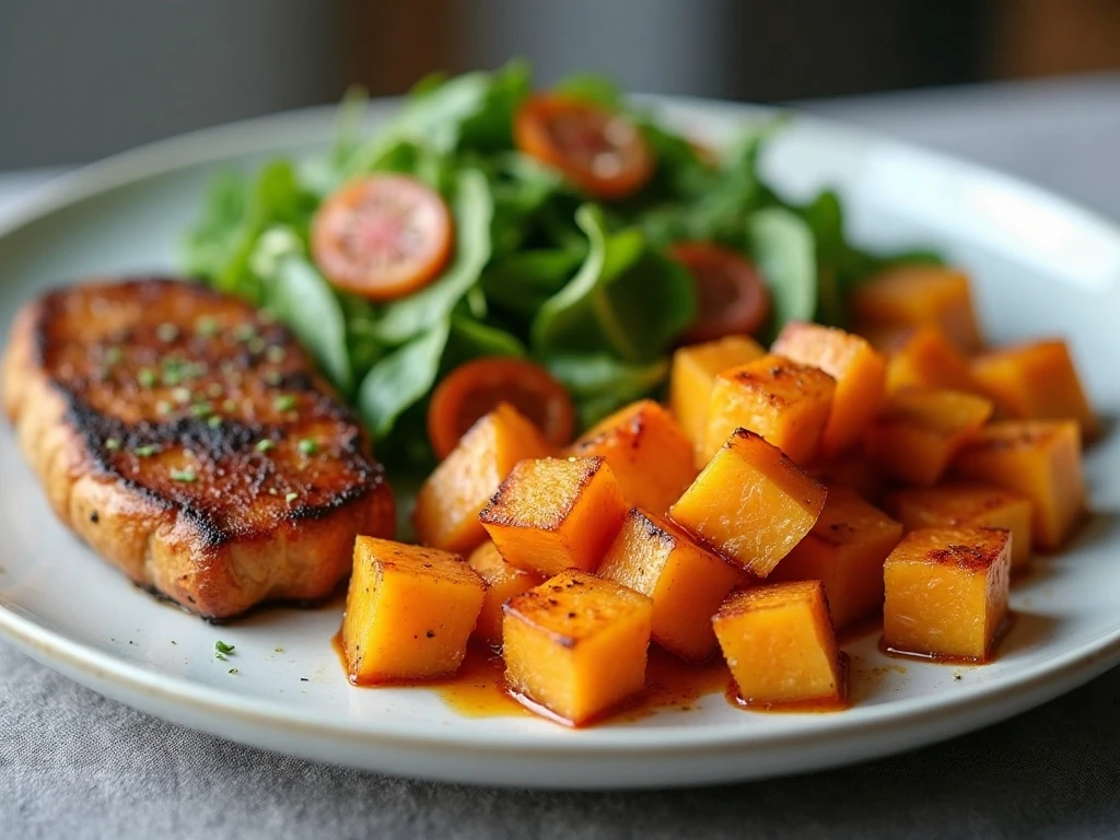 Roasted sweet potatoes served in a balanced dinner meal