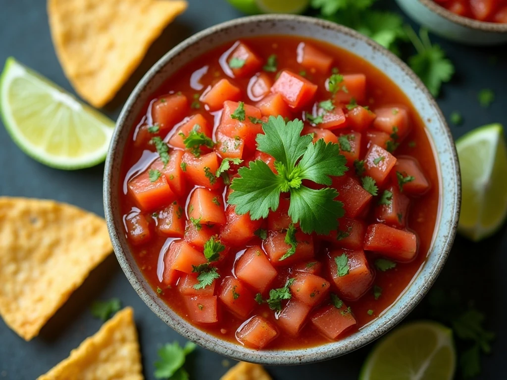 Fresh healthy tomato salsa served with tortilla chips and lime