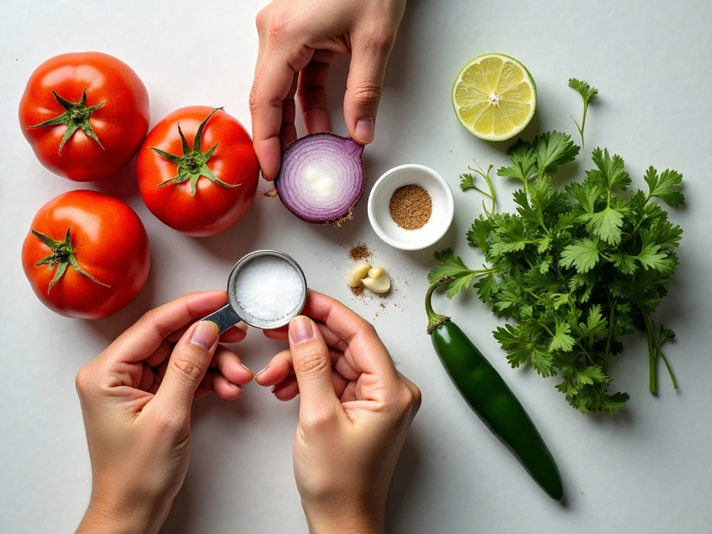 Ingredients for homemade healthy salsa arranged on a counter