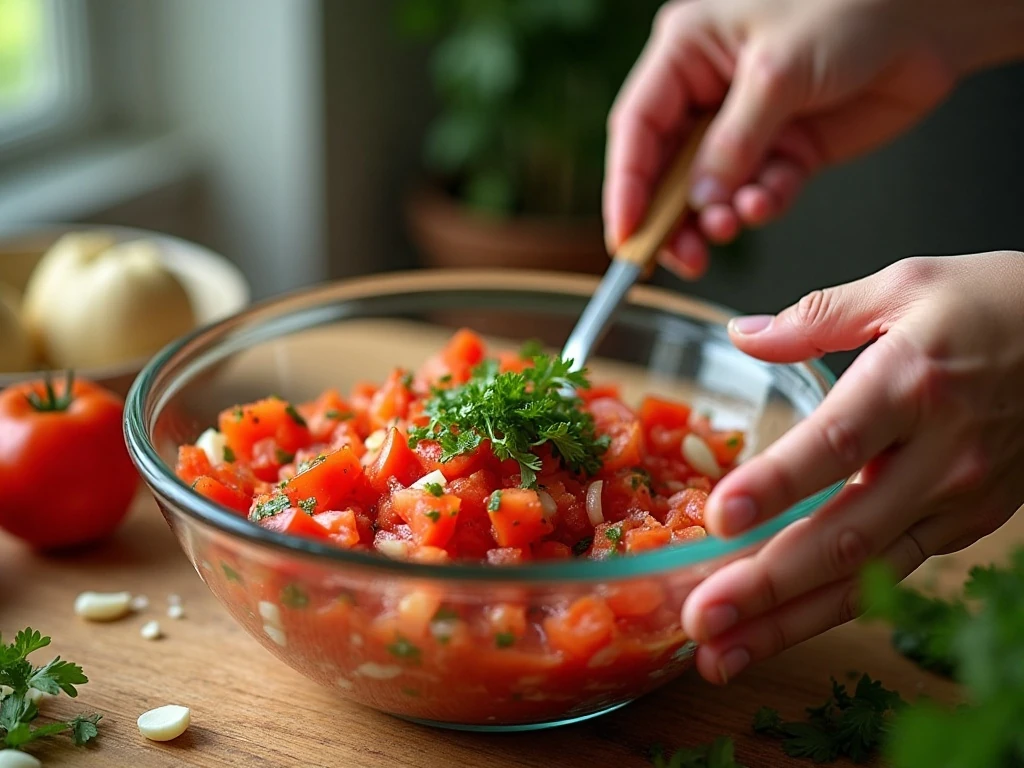 Fresh salsa ingredients being mixed in a bowl