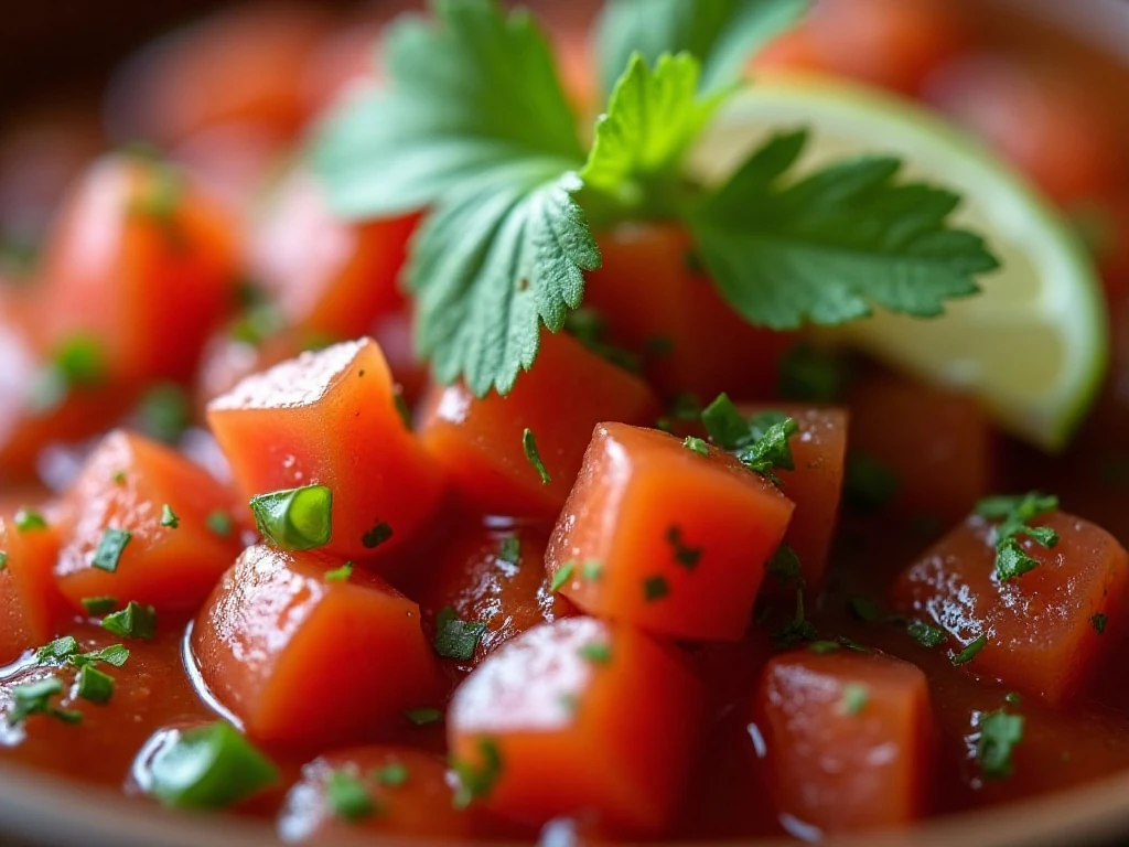 Close-up of cilantro and lime garnishing fresh tomato salsa