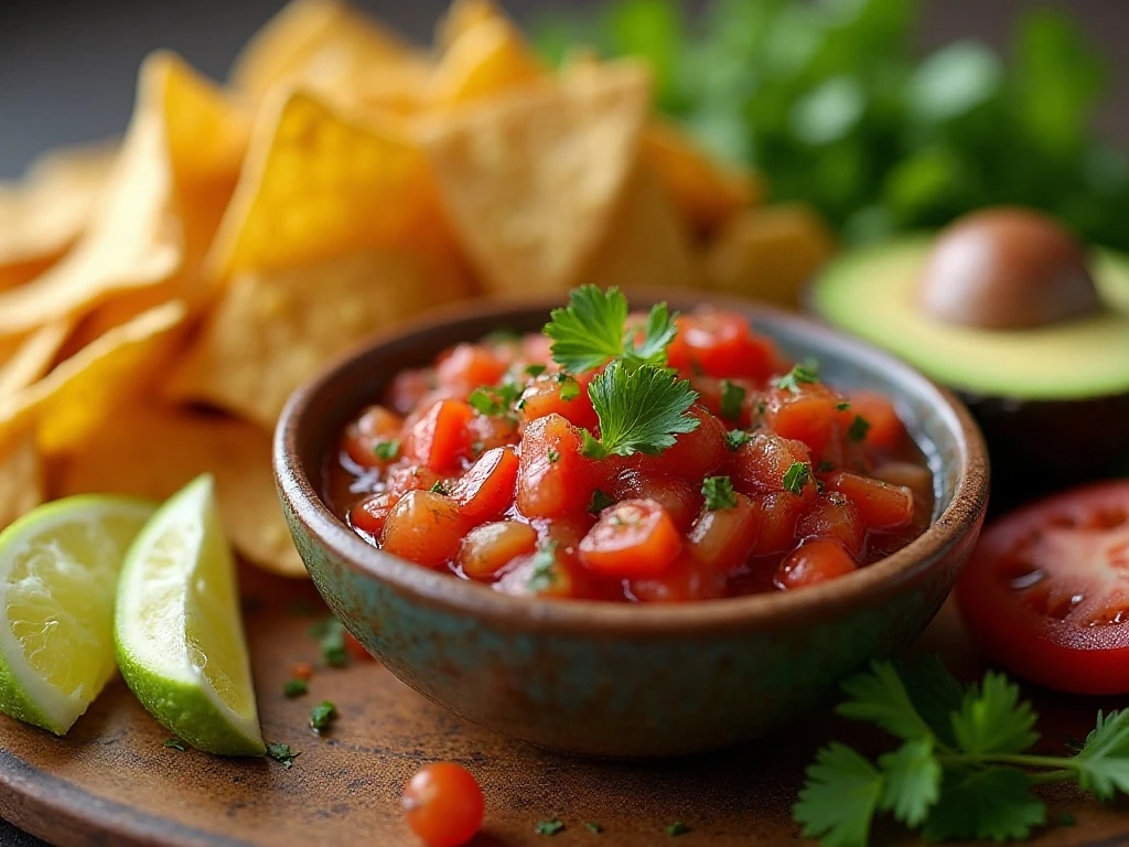 Healthy salsa served with chips, tacos, and fresh meal accompaniments