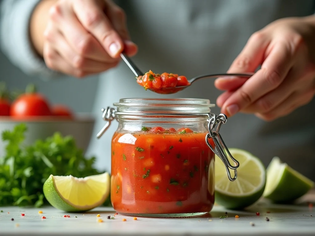 Fresh salsa stored in a covered container for later serving
