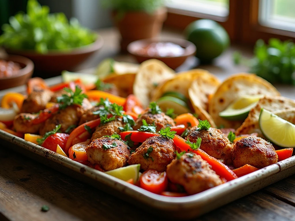 Healthy sheet pan chicken fajitas served with tortillas, avocado, salsa, and lime