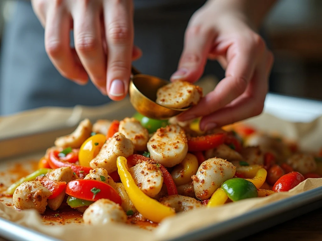 Chicken and vegetables being seasoned on a sheet pan for fajitas