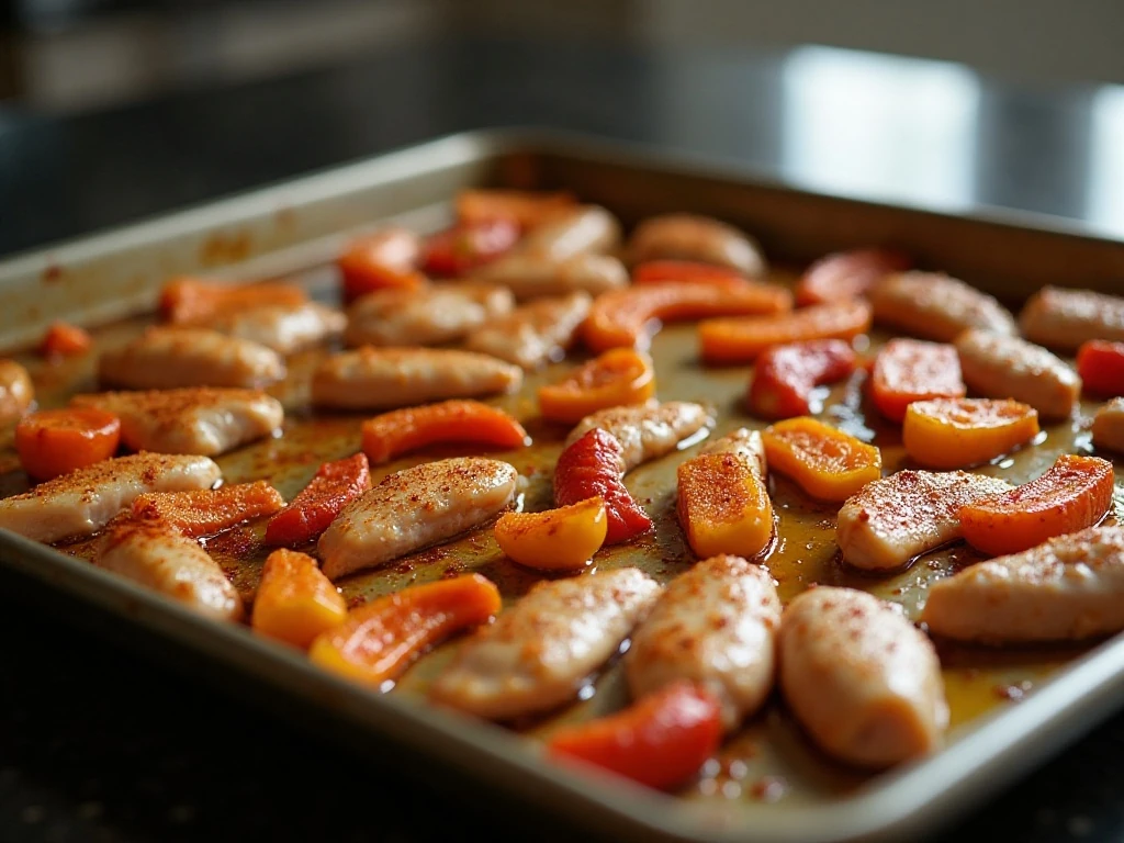 Evenly spaced chicken and vegetables ready to roast for fajitas