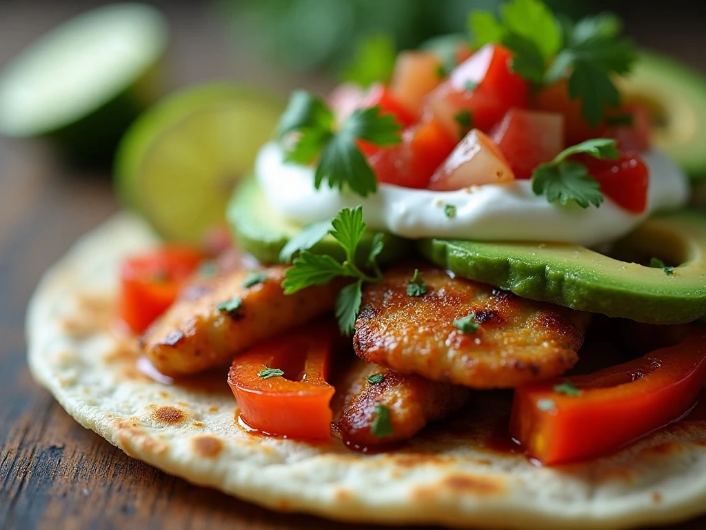 Chicken fajita tortilla topped with avocado, cilantro, salsa, and lime