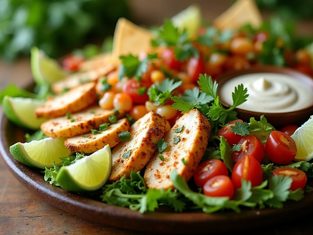 Family-style Southwest chicken salad with lime wedges and tortilla strips