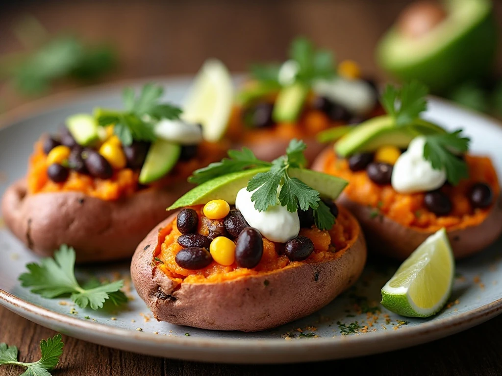 Healthy stuffed sweet potatoes filled with black beans, corn, salsa, avocado, and cilantro