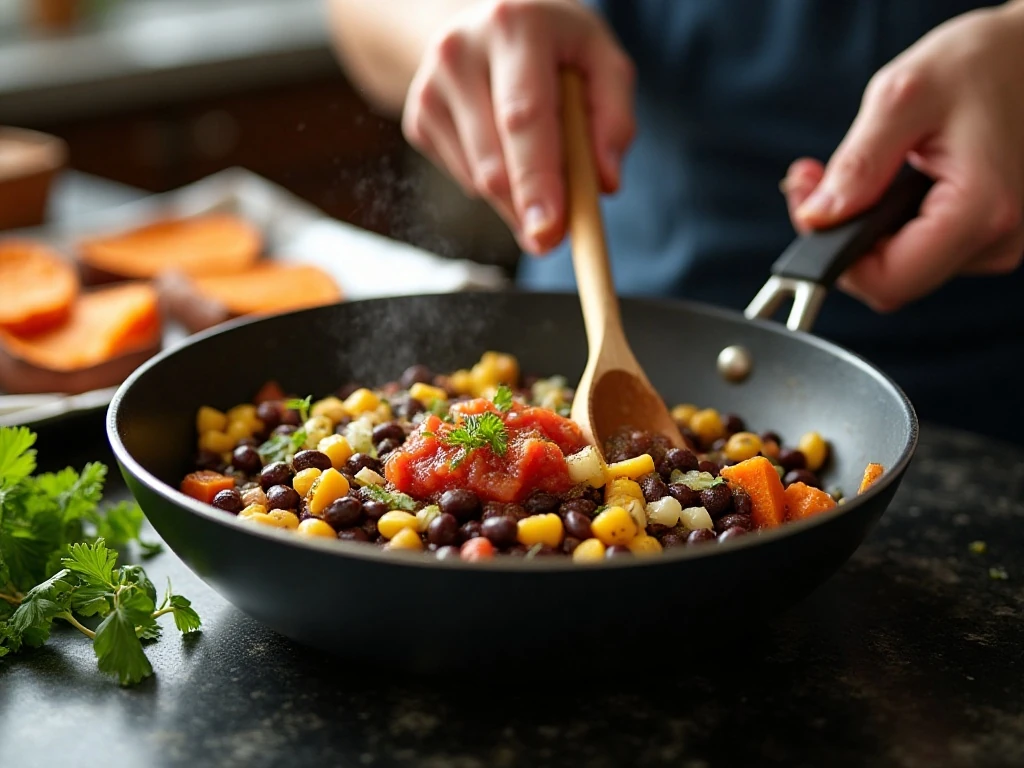 Preparing the black bean and corn filling for stuffed sweet potatoes