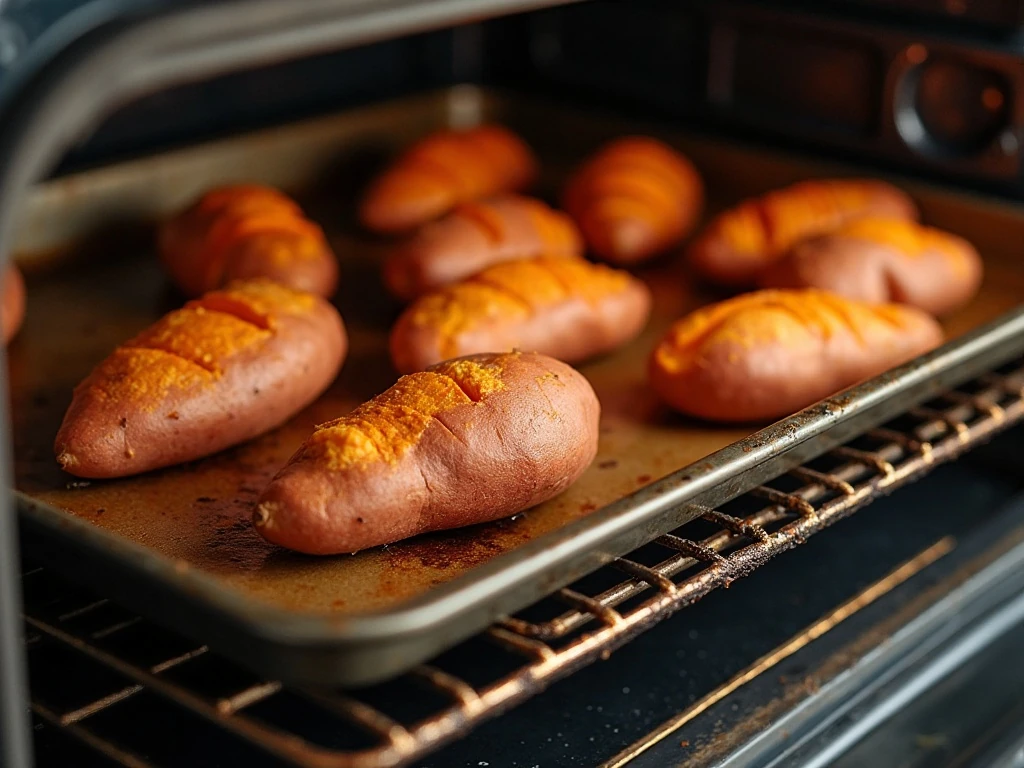 Sweet potatoes roasting without foil for crisp textured skins