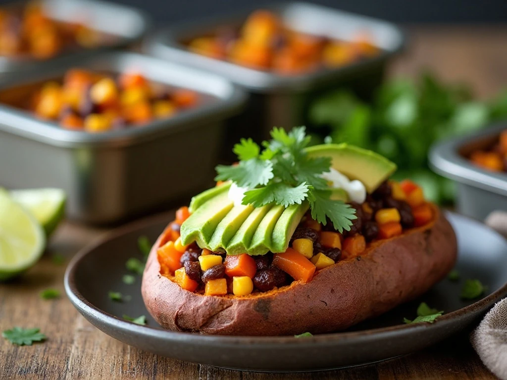 Meal prep components for healthy stuffed sweet potatoes