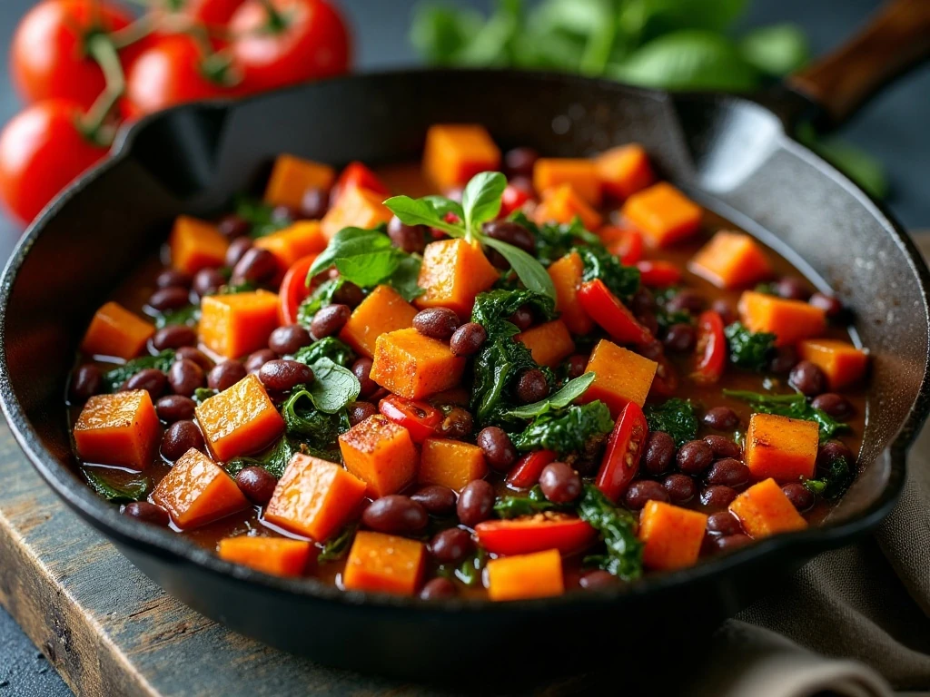 Healthy sweet potato skillet meal with black beans, tomatoes, peppers, and spinach