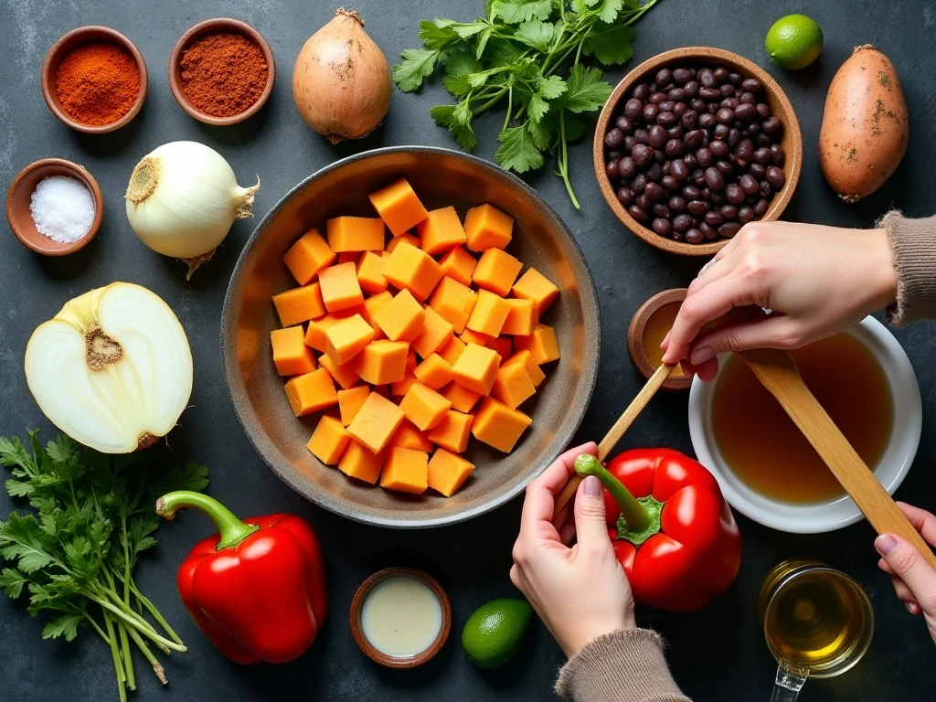 Ingredients for a vegetarian sweet potato and black bean skillet