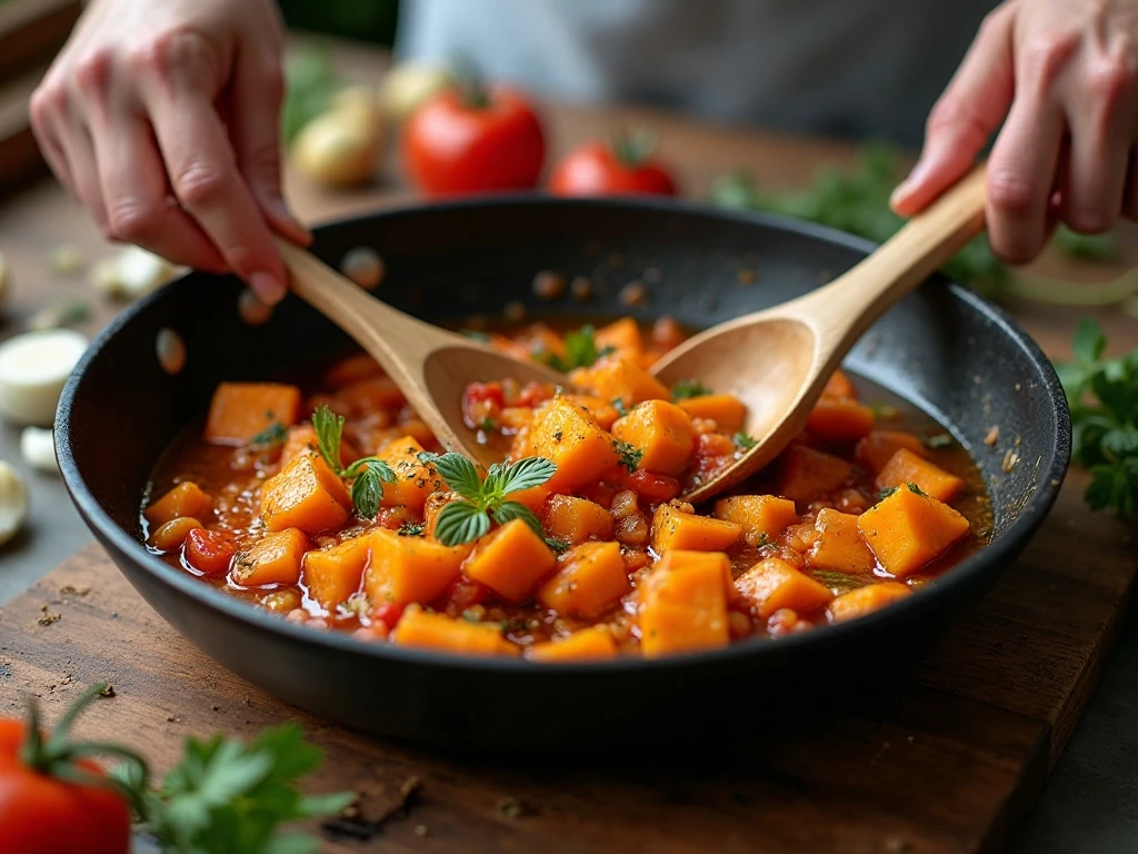 Sweet potatoes and vegetables cooking in a skillet with spices