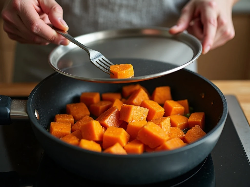 Uniform sweet potato cubes simmering in a covered skillet