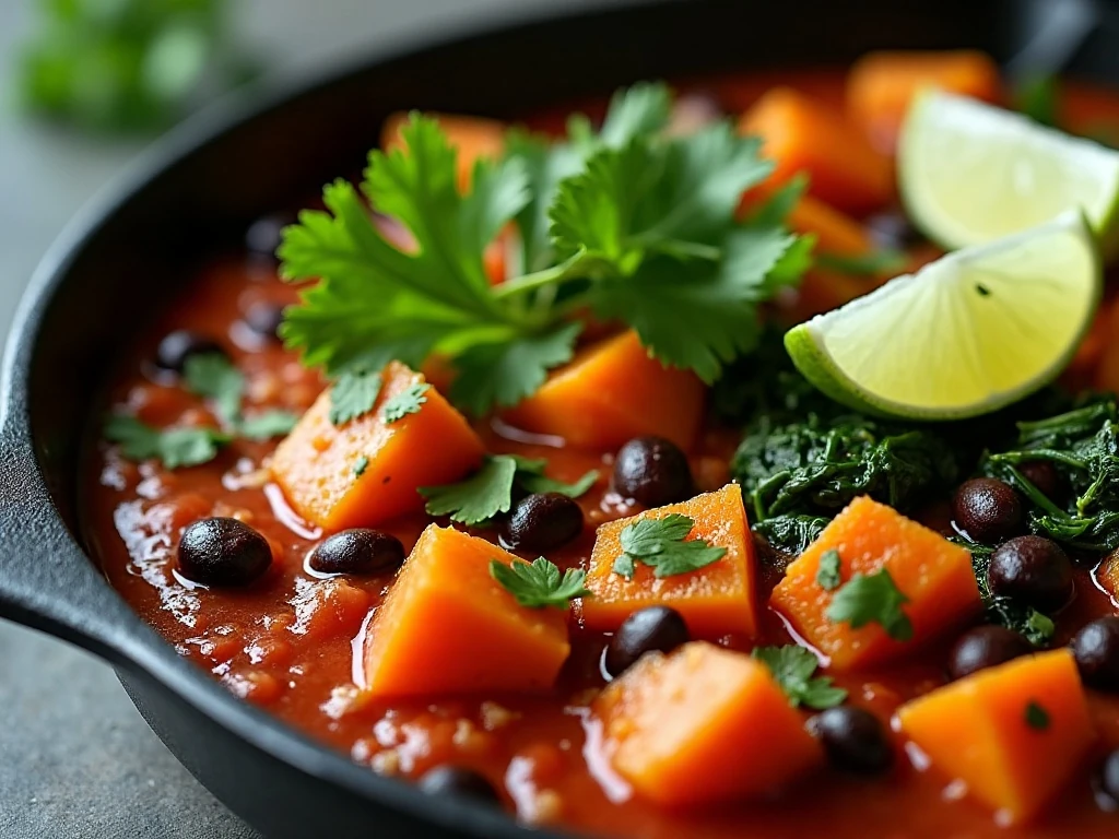 Sweet potato skillet garnished with cilantro and lime wedges
