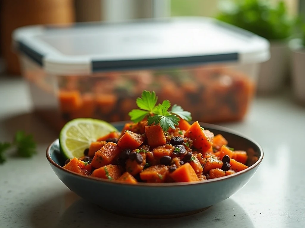 Stored and served portions of sweet potato black bean skillet