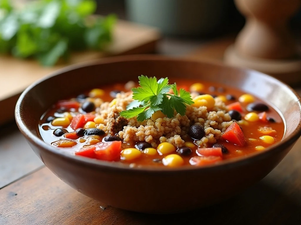 Healthy taco soup served in a bowl with colorful beans, corn, tomatoes, and lean ground meat