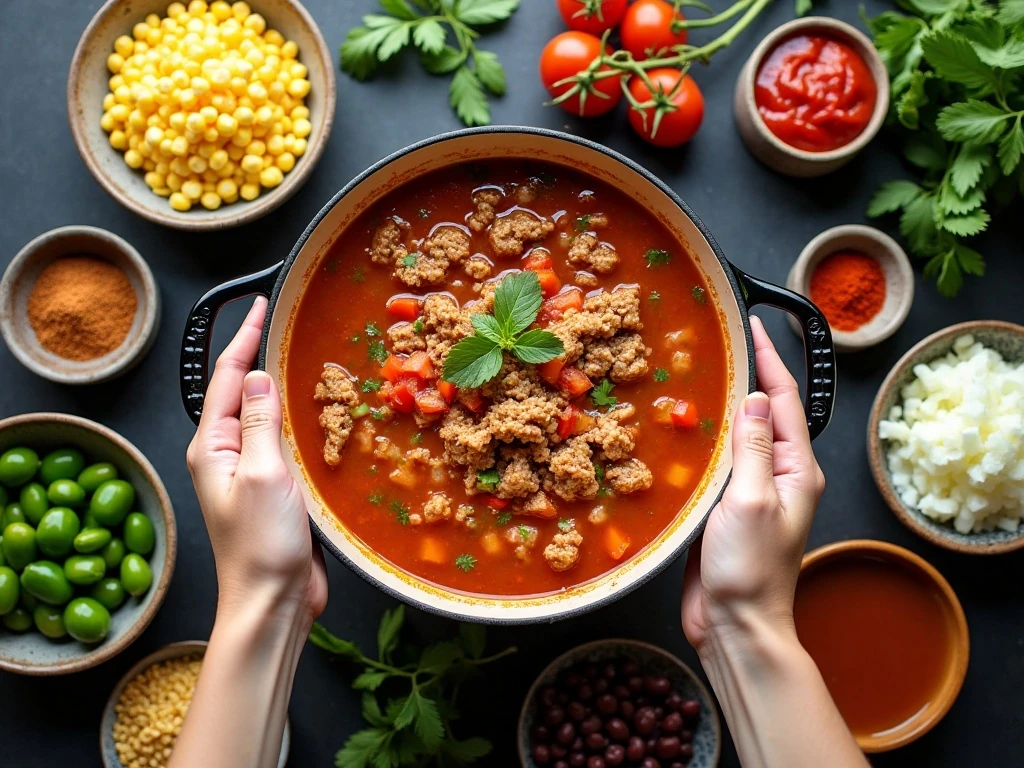 Ingredients for healthy taco soup arranged in a flat lay