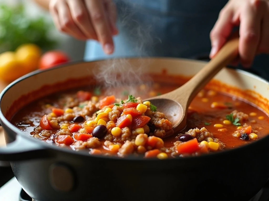 Taco soup simmering in a Dutch oven during preparation