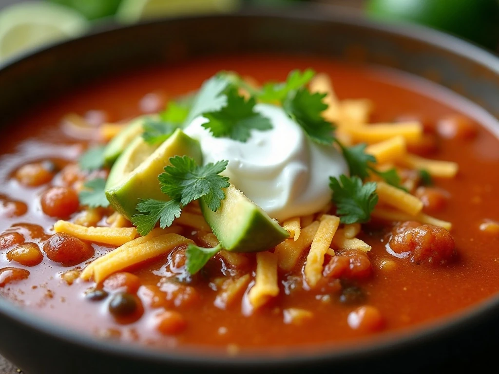 Healthy taco soup topped with avocado, Greek yogurt, cilantro, lime, cheese, and tortilla strips