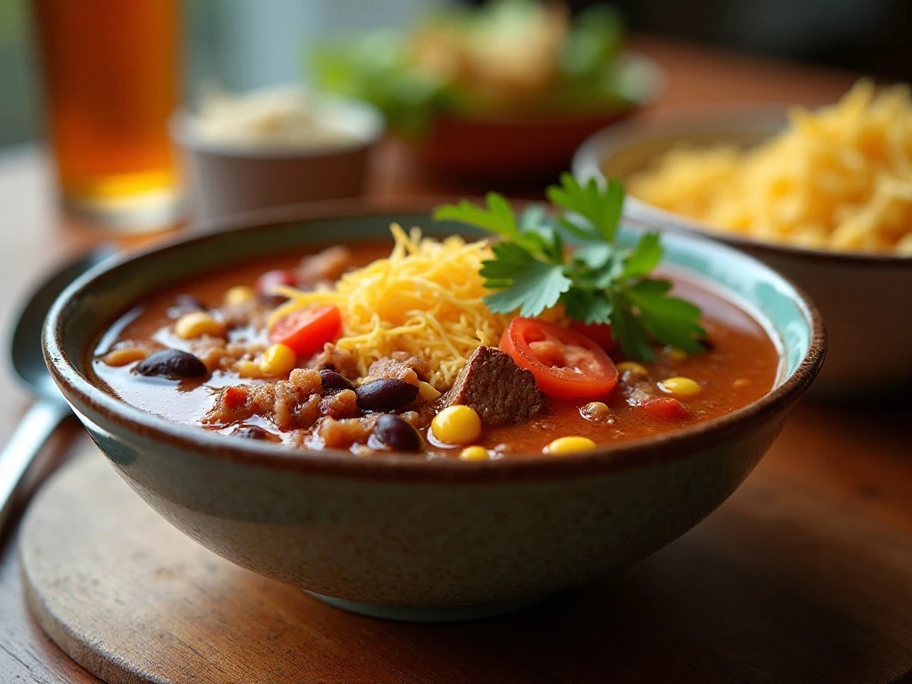 Healthy taco soup served in a bowl with beans, corn, tomatoes, and fresh toppings