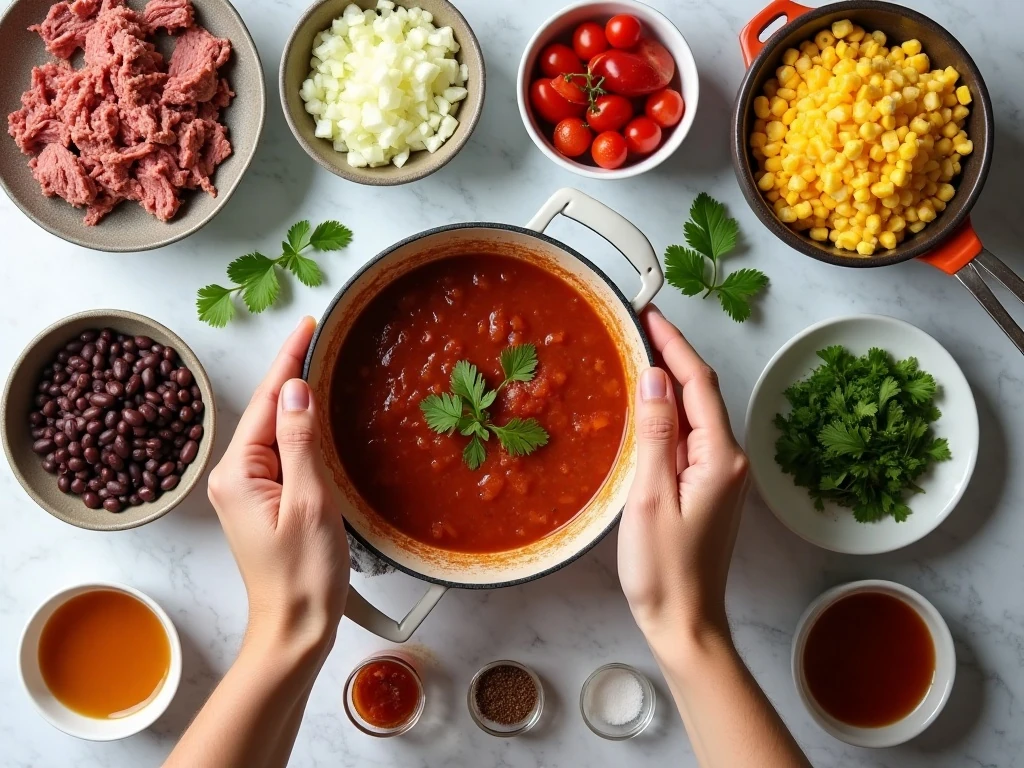 Ingredients for healthy taco soup arranged on a kitchen counter