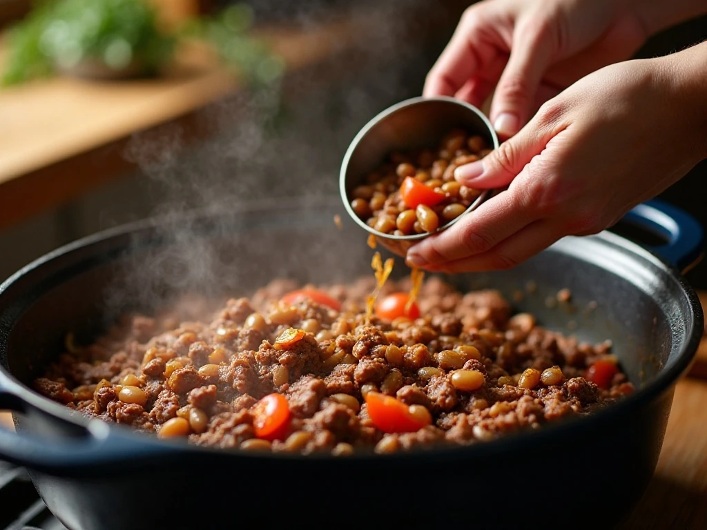 Ground beef and onion browning in a Dutch oven for taco soup