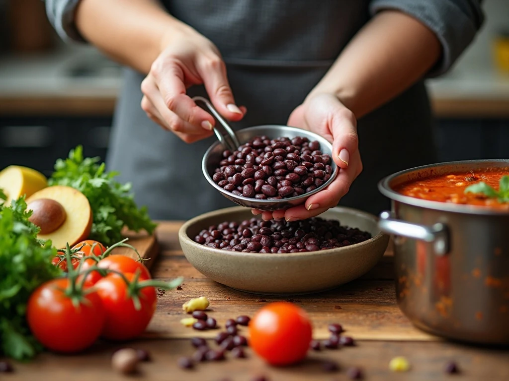 Rinsed beans and simmering taco soup during preparation