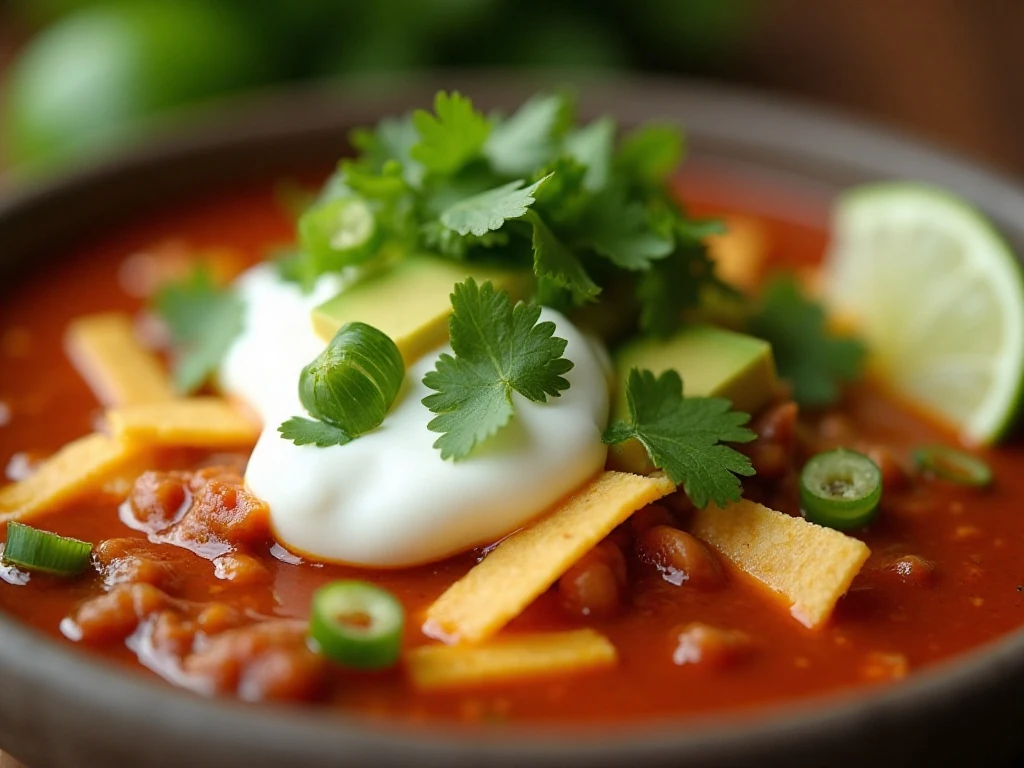 Taco soup garnished with yogurt, avocado, cheese, cilantro, and tortilla strips