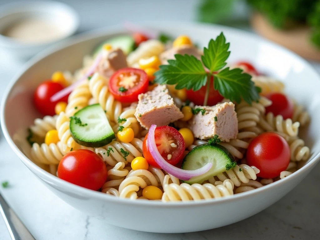 Healthy tuna pasta salad with whole-wheat fusilli and colorful vegetables