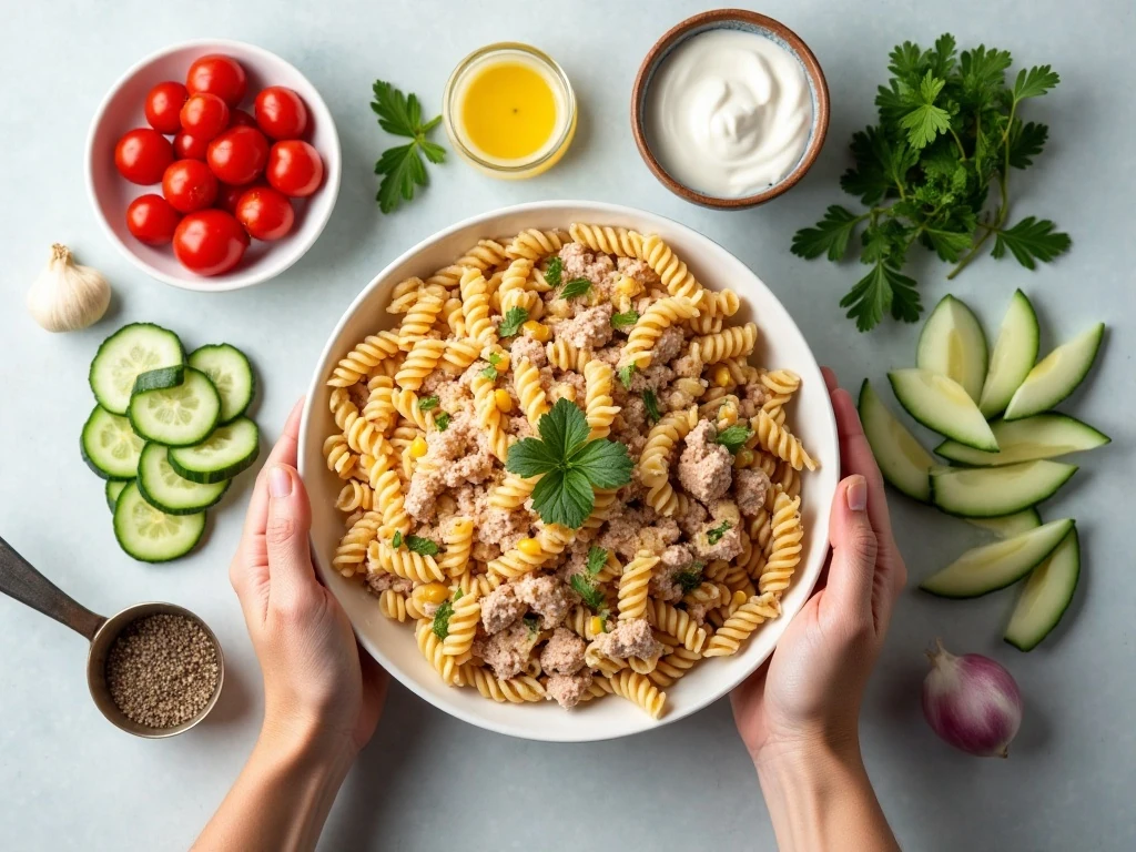 Ingredients for tuna pasta salad and Greek yogurt dressing