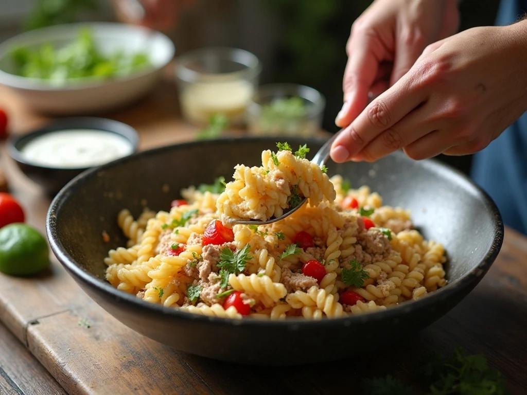 Tossing pasta, tuna, vegetables, and yogurt dressing in a mixing bowl