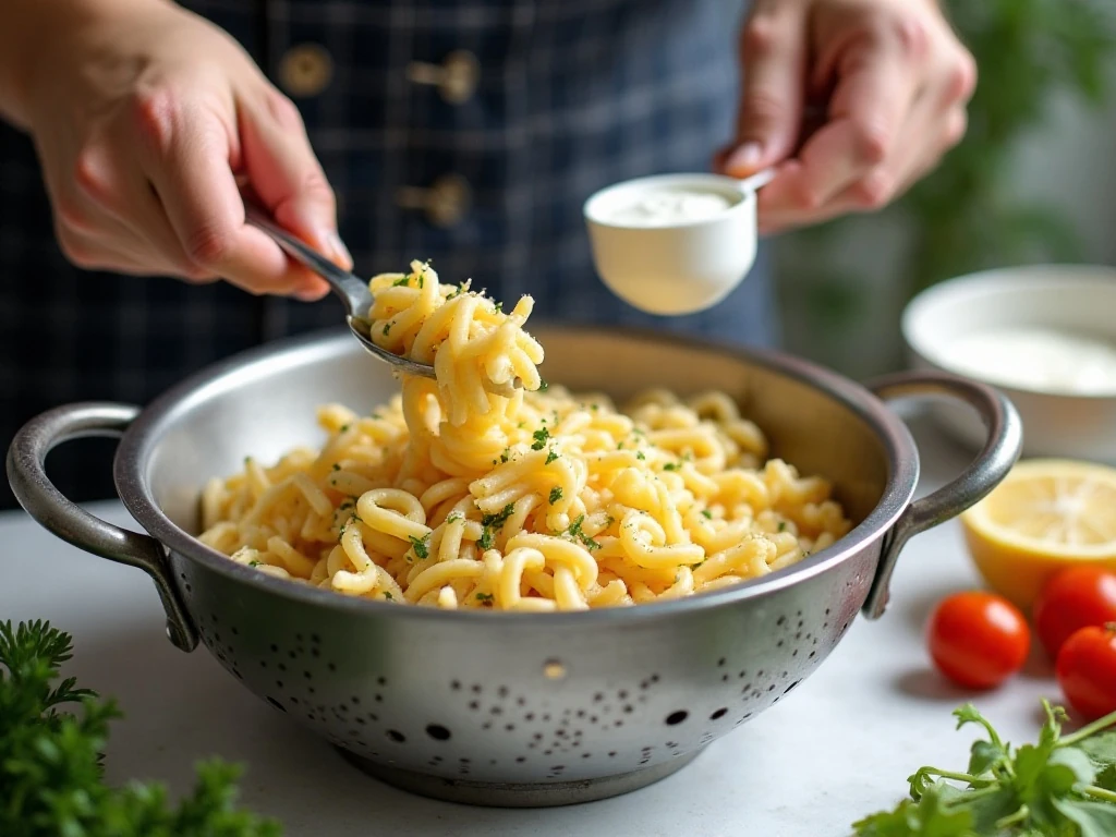 Drained whole-wheat pasta prepared for tuna salad