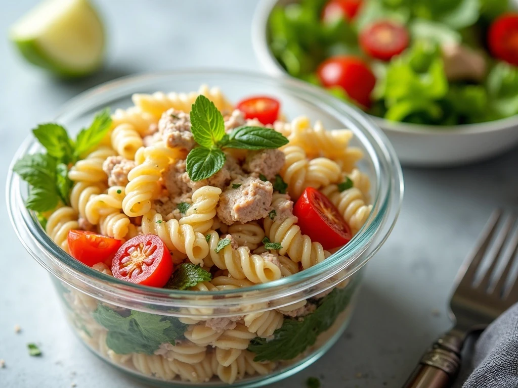 Make-ahead healthy tuna pasta salad ready for serving