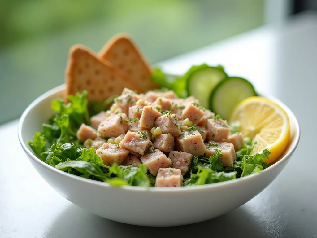 Healthy tuna salad served with greens, cucumber, lemon, and crackers