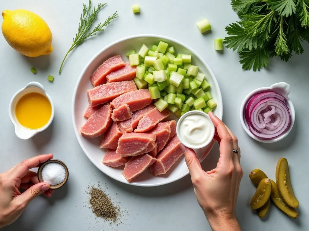 Ingredients for healthy tuna salad arranged on a counter