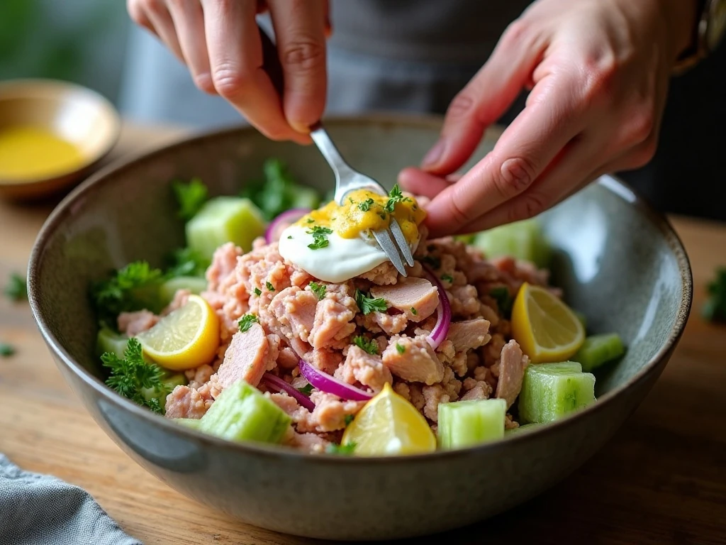 Mixing tuna salad ingredients in a bowl