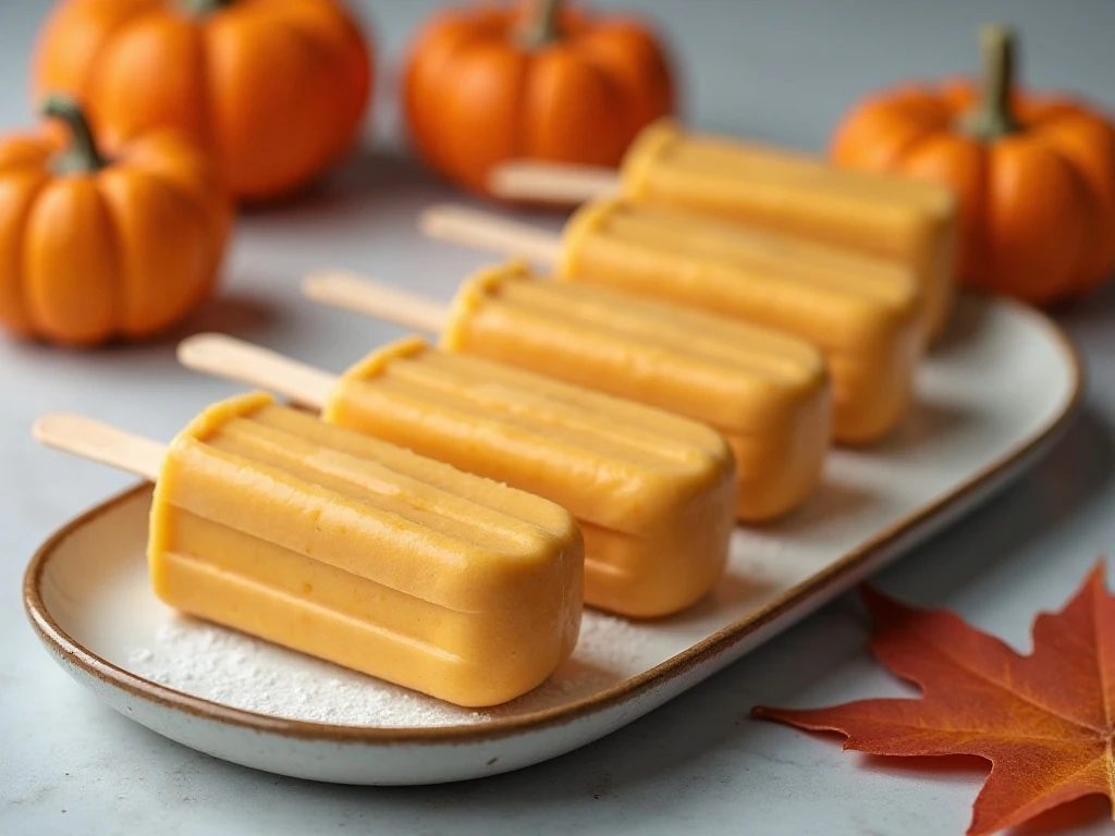 Creamy healthy pumpkin yogurt popsicles arranged on a platter